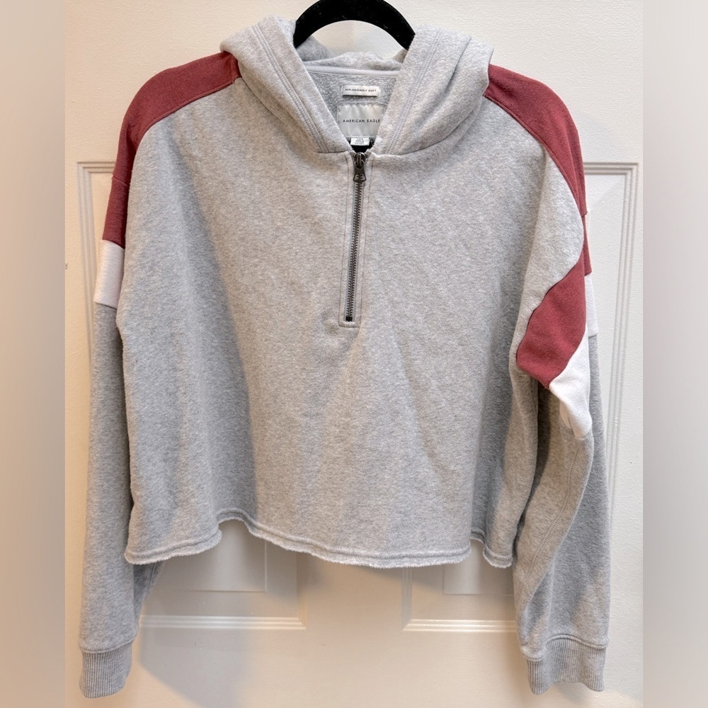Y2K American Eagle Cropped Hoodie Sweatshirt Colorblock Oversized Soft Comfy 90s
